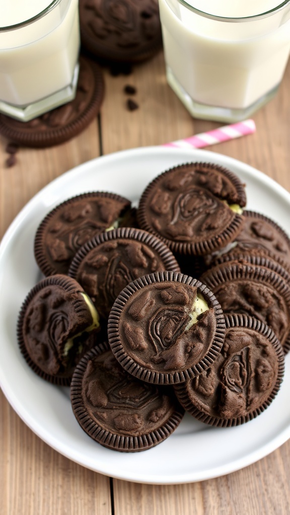 A plate of Oreo cookies with chocolate color and cream filling next to a glass of milk.